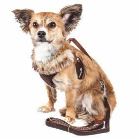 Pet Life Luxe 'Furracious' 2-In-1 Mesh Reversed Adjustable Dog Harness-Leash W/ Removable Fur Collar (Color: Brown, size: large)